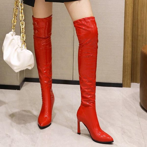 

boots red patent leather over the knee women pointed toe thin high heels long woman 2021 slip on party shoes, Black