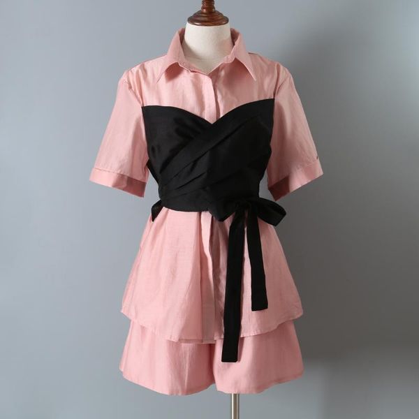 

women's tracksuits chest-wrapped fake two-piece commuter shirt + high-waist wide-leg shorts show a stylish suit 0909, Gray