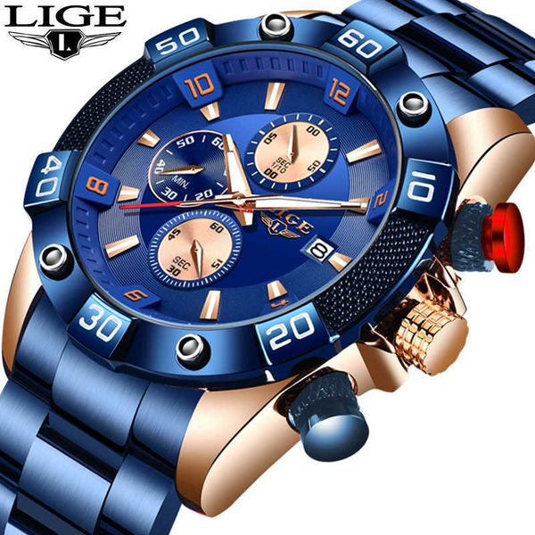 

lige mens watches brand luxury all steel watch men waterproof quartz clock male military big dial sport chronograph 210527, Slivery;brown
