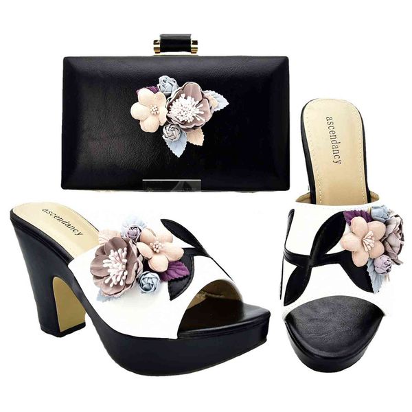 

2021 summer large black casual high-heeled fish mouth thick heel with handbag dinner bag artificial pu shoe bag