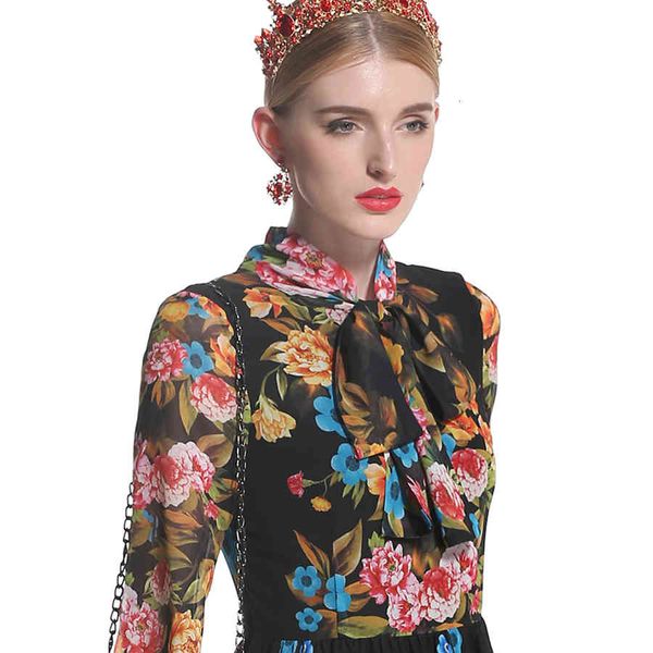 

dress seqinyy chiffon fashion runway summer ankle-length line flowers printed elegant bow ed black, Black;gray