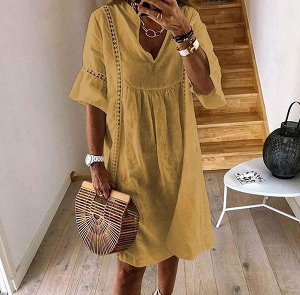 

casual dresses 2021 summer lace dress women's sundress fashion flare sleeve short vestido female bohemian v neck party shirt robe femme, Black;gray