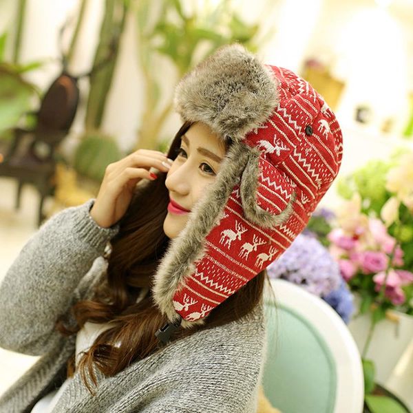 

berets ht353 russian style snow earflap cap for men women deer trapper hat with ear flap female faux fur winter bomber hats, Blue;gray