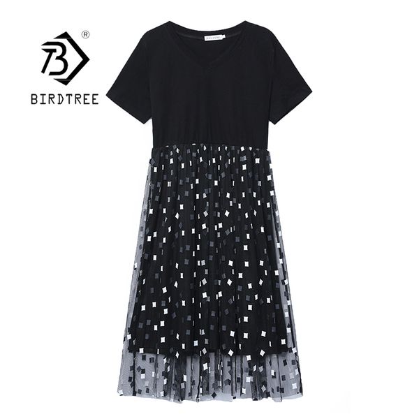 

new summer woman dresses short sleeve v necks ladies plus size mesh printing patchwork mini fashion dress d12701x 210419, Black;gray