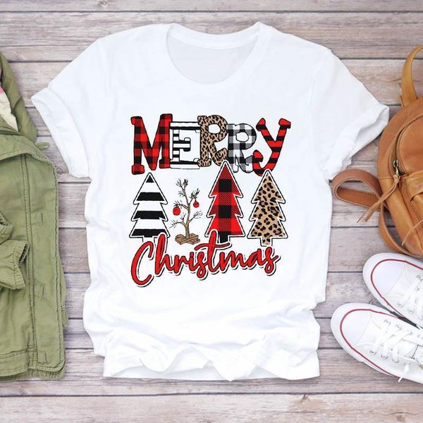 

leopard plaid tree year winter women season cute merry christmas print tshirts shirt graphic female tee, White