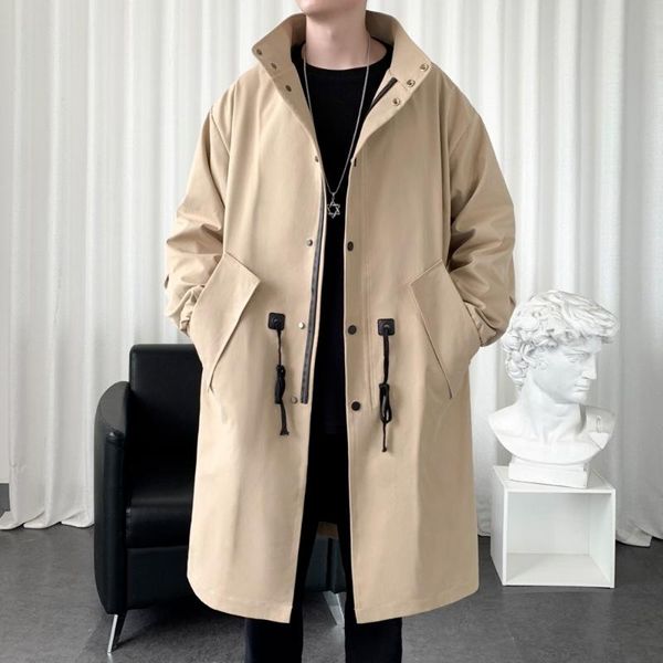 

men's trench coats korean fashion coat men hooded long jacket clothing streetwar loose fit overcoat with hood trends, Tan;black