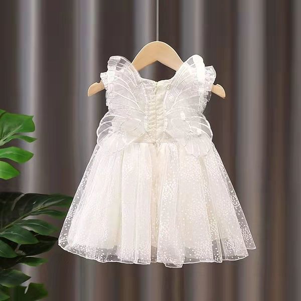 Butterfly Wing Lace Meninas Vestidos 2021 Verão Novo Design Sólido A-Linha Bonito Bebê Crianças Roupas Q0716