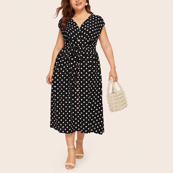 

casual plus size v neck womens dress sleeveless polka dot printed button belt vestidos de verano free, Black;gray