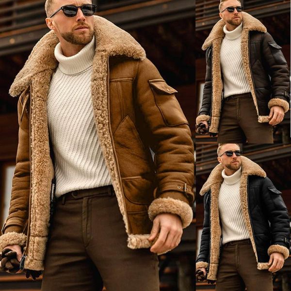 

men's wool & blends jaycosin thick coat jacket men loose fit parka mid-length windbreaker with lapel solid color suede, Black