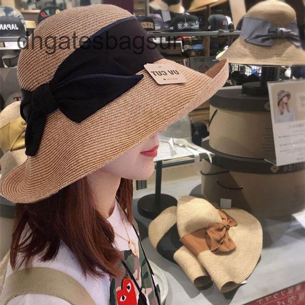 

brand cap and carves straw hat female beach big brim hat foldable japanese summer uv lafite sun fisherman, Blue;gray