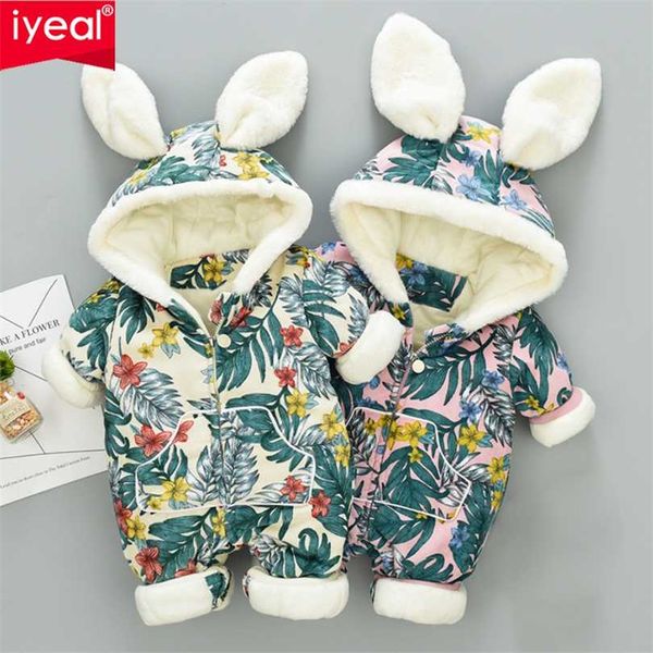 Iyeal 3D Rabbit Ears Com Capuz Bebê Macacão Inverno Engrossar Meninos Traje Fato Meninas Quente Infantil Snowsuit Kid Jumpsuit Crianças Outerwear 211118