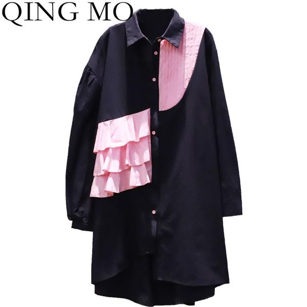 

casual dresses qing mo autumn fashion contrast color stitching long sleeved dress women loose large size 2021 shirt black zwl821, Black;gray