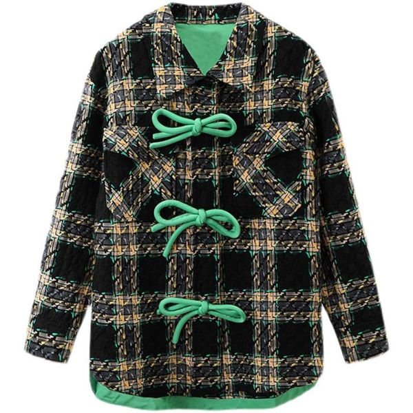 

women's jackets [ewq] korean fashion loose patchwork bowknot coats female 2021 autumn casual plaid women coat lapel long sleeve colorbl, Black;brown
