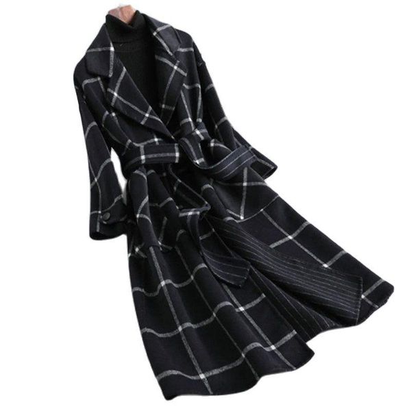 

women's wool & blends woolen jacket autumn and winter plaid lapel tie long overcoat temperament fashion commuting female clothing zm199, Black