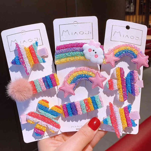 

rainbow hair clips jewelry children princess candy cloud five pointed star colorful bangs hairpin 3pcs one set barrettes accessorie 3 1jy m2, Golden;silver