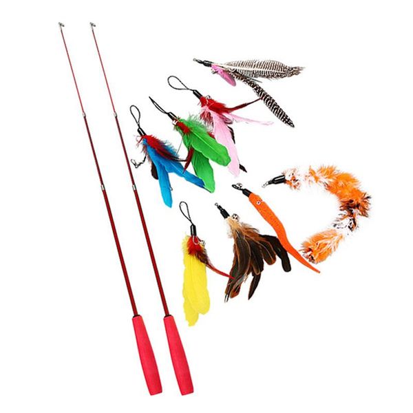 

cat toys 10pcs retractable wand toy set colorful teaser with feather head replacement & bell stick supply for kitten ej