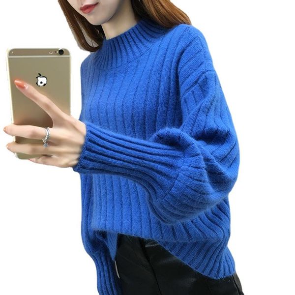 

women's sweaters lantern sleeve lazy wind half high neck sweater spring and autumn 2021 pullover loose fashion winter knitting, White;black