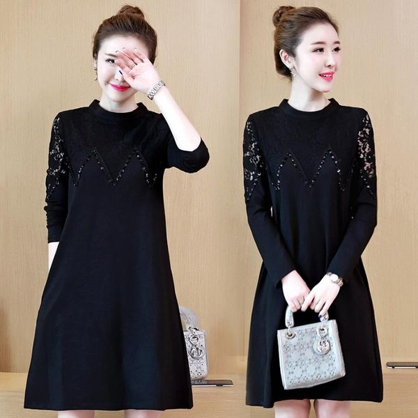 

casual dresses 2021 vintage female black lace mini autumn winter 5xl plus size long sleeve dress elegant women bodycon party vestidos, Black;gray