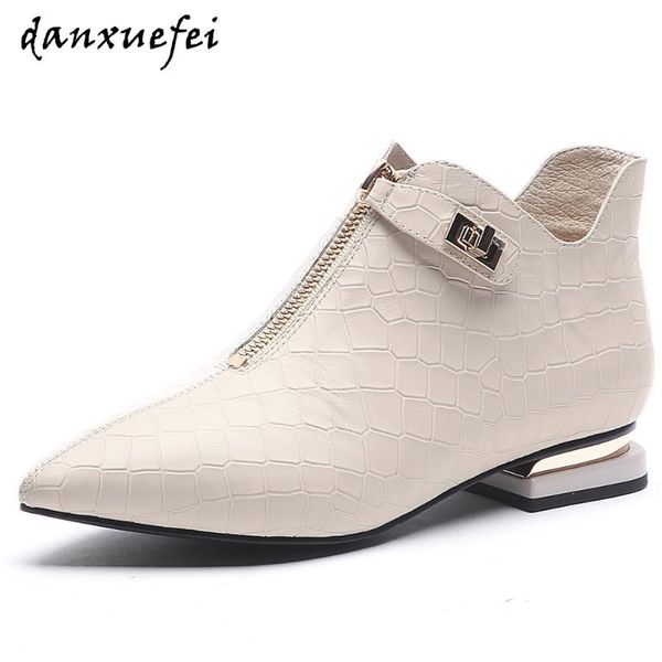

boots women's genuine leather front zip flats ankle autumn female metal buckle short booties leisure shoes, Black