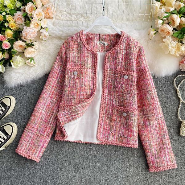 

women's jackets autumn fashion o-neck long sleeve pink color lurex patchwork tweed woolen short ol jacket coat casacos ml, Black;brown