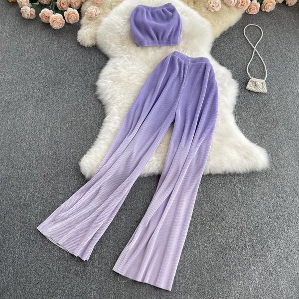 

women's two piece pants women casual summer 2 set streetwear gradient design vintage strapless +wide leg female sets 6 colors, White