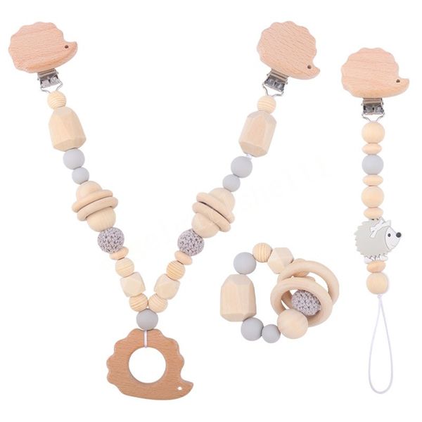 

baby pacifier holders natural wooden hedgehog chain children crochet silicone beads pacifiers clips newborn practice toys infant feeding tee