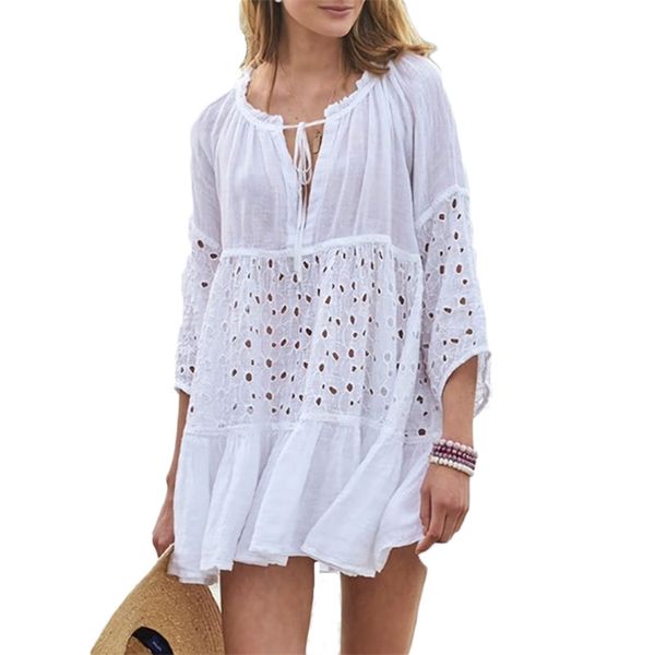 Yaz Şifon Elbise Kadın Avrupa Amerika Beyaz Orta Uzun Kollu Zarif Plaj Gevşek Dantel Elbiseler Feminina LR1053 210531