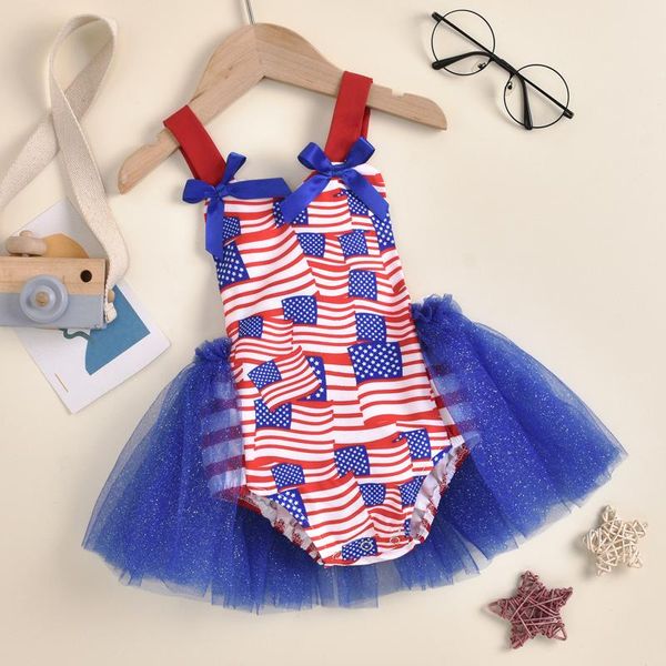 

rompers independence day baby girls boys jumpsuits 0-24m star striped printed sleeveless lace backless romper dress, Blue