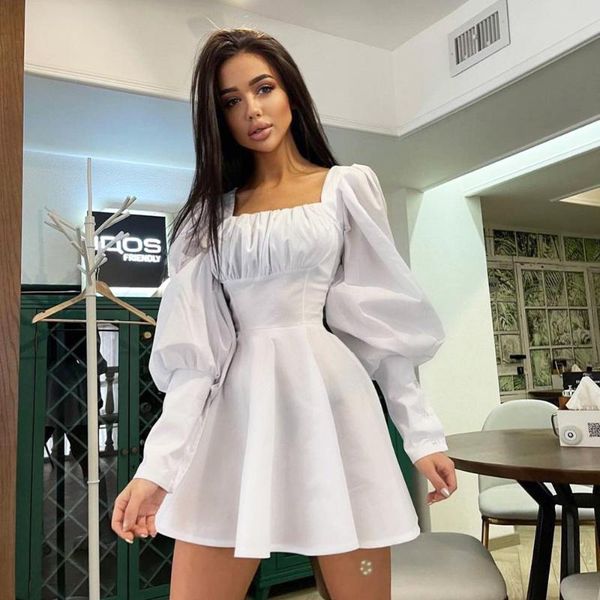 

casual dresses elegant square collar ruched mini women 2021 autumn fashion long sleeve solid lady office short dress outfits streetwear, Black;gray