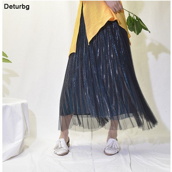 

casual dresses women's 3 layer bright tulle skirt ladies korean high waist shining tutu pleated mesh midi s faldas autumn va68, Black;gray