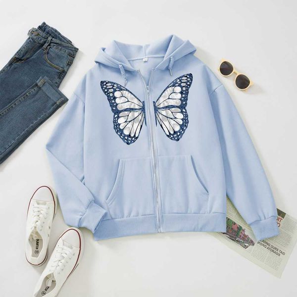 

butterfly blue zip up sweatshirt winter jacket clothes oversize hoodies women plus size vintage pockets long sleeve pullovers y0820, Black