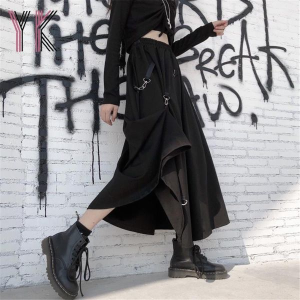 

skirts gothic black metal button loose pleated high waist long punk style korean women midi big swing dark academia saia