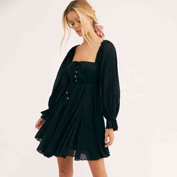 

casual dresses chic button elastic square neck mini women ruffle trim hippie beach cotton boho summer dress vestidos yree, Black;gray