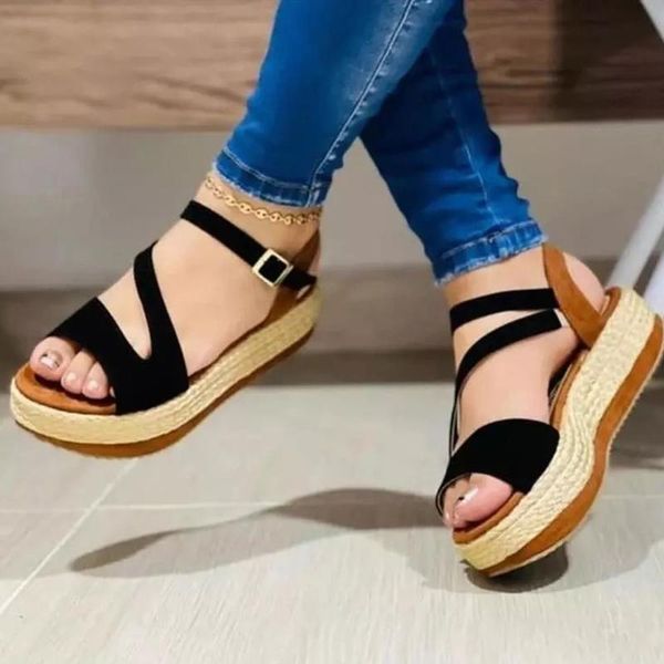 

women's summer flip-flops casual fish mouth shoes thick-soled hollow thin strap buckle sandals for women ladies sandalias mujer, Black