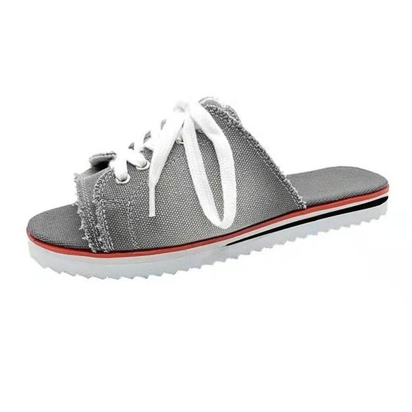 

slippers women sandals canvas flat slipper woman lace up ladies peep toe women's casual female fashion denim beach shoes35-43, Black