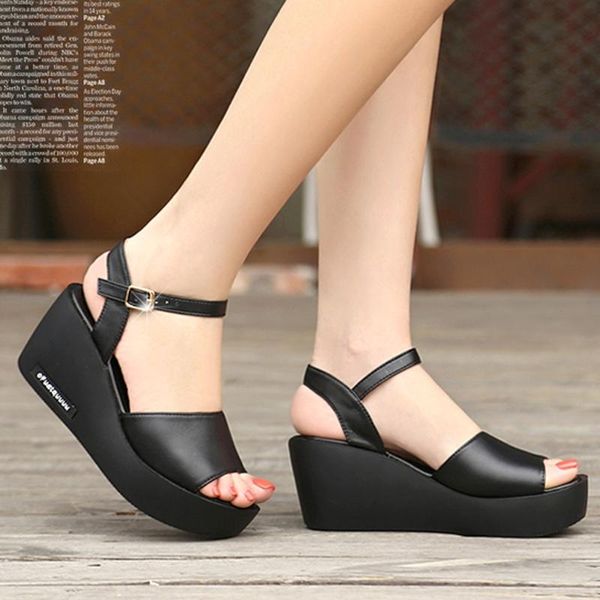 

dress shoes 2021 women platform sandals high heels summer wedges buckle strap peep toe female casual, Black