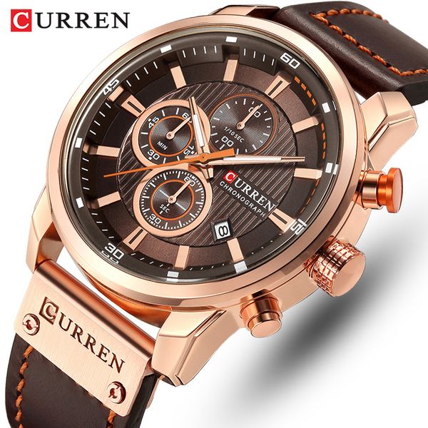 

curren brand watch men leather sports watches mens army military quartz wristwatch chronograph male clock relogio masculinog, Slivery;brown