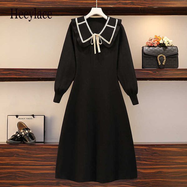 

plus size women knitt dress french soild autumn winter long sleeve bow elegant doll colar korean dresses women vestidos y1006, Black;gray