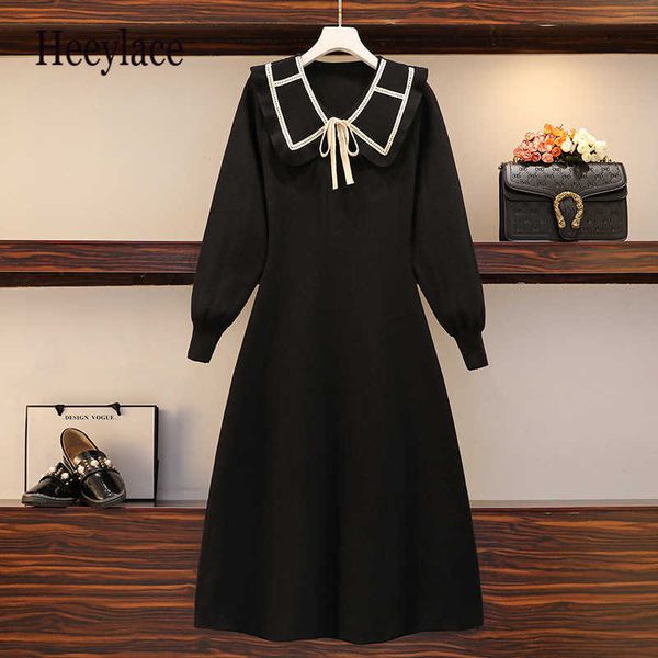 Plus Größe Frauen Strickkleid Französisch Soild Herbst Winter Langarm Bogen Elegante Puppe Colar Koreanische Kleider Frauen Vestidos Y1006