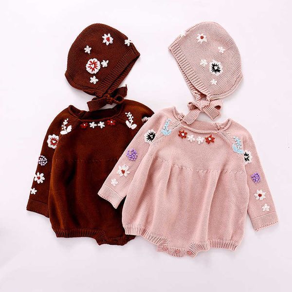2 pcs bebê roupas de malha para menino menina maciça manga longa macacão + chapéu Outono Criança Kniting Design Flower Jumpsuit 210615