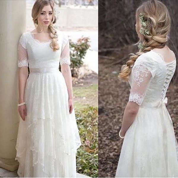 Maniche corte vintage abiti da sposa in campagna abito sposa a più galla in pizzo in pizzo lunghezza del pavimento su misura fatta per dimensioni scollali smerlati vestido de nolia