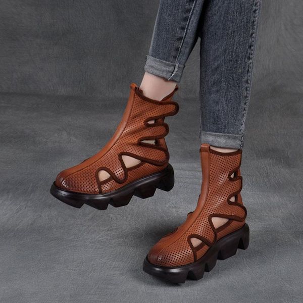 

boots summer thick soles roman soft slippery light sponge cake cool hollow out high - women's leather s, Black