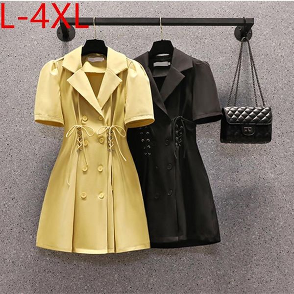 

plus size dresses l-4xl ladies summer dress 2021 solid short sleeve notched drawstring large elegant office female clothing, Black