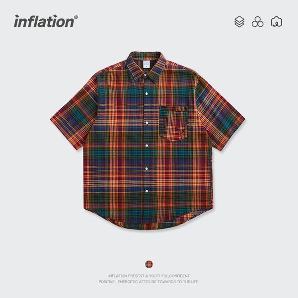 

korean style plaid shirts men front pocket buttons down male casual short sleeve plus size 2299ts21 men's, White;black