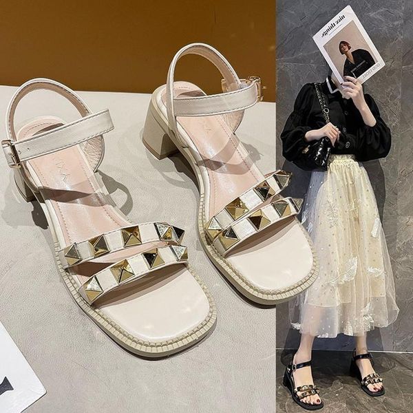 

buckle fashion womens shoes 2021 clear heels studded sandals suit female beige all-match luxury strap summer black high girls ne dress
