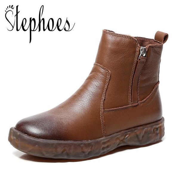 

boots stephoes women fashion ankle retro genuine leather spring autumn short winter warm snow motorcycle, Black