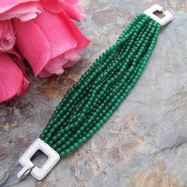 

yygem 8" 12 strands 4mm round green jade bracelet cubic zirconia pave clasp, Golden;silver