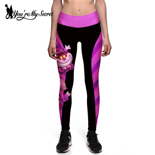 

legging [your secret] halloween women leggings high taille silm fitness leggins alice in wonderland smile cat digital print broek, Black