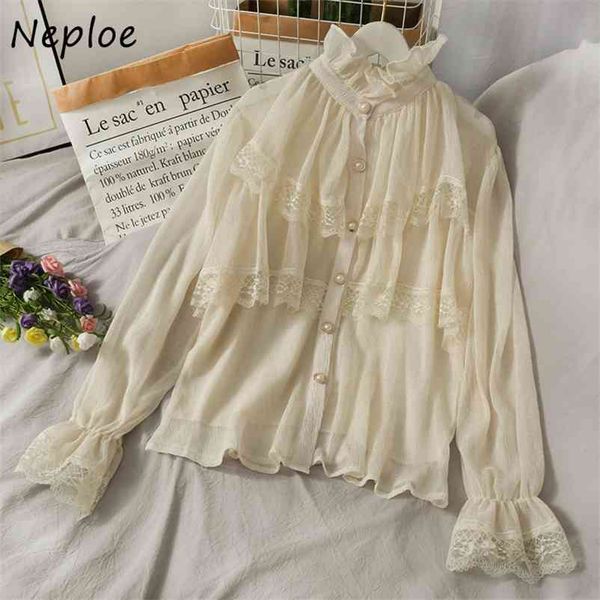 

elegant wooden ear patchwork mesh blouse women stand collar long sleeve single breast blusas spring solid shirt femme 210422, White