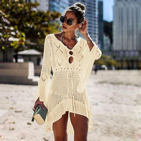 

women crochet solid cover-ups beach wear summer mesh dress cover up swimwear white knitting bathing suit tunic robe women's, White;black